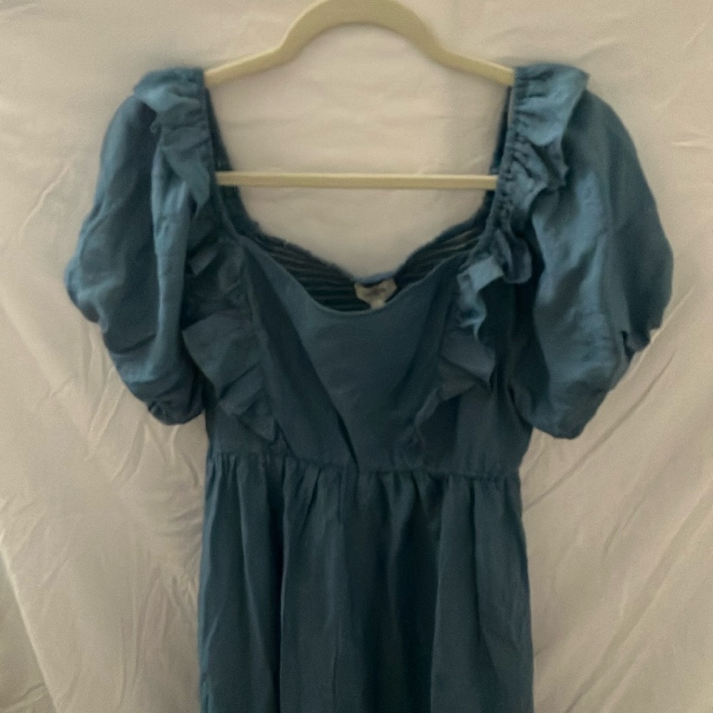 Umgee: Denim Blue Peasant style dress with ruffles & puff sleeves- Large